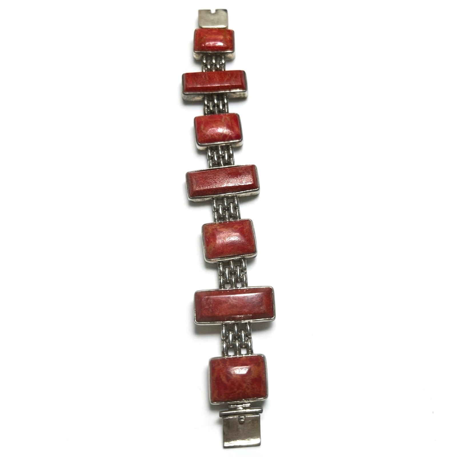 Heavy Vintage 925 Sterling Silver Red Sponge Coral Panel Statement Bracelet 59g